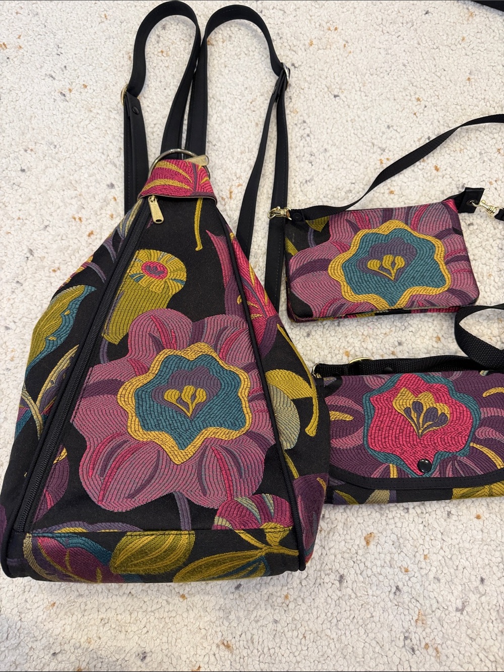 Danny K Floral Printed Black Sling Backpack with Matching Pouches